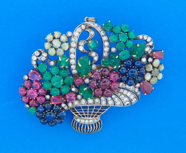 Art Deco TUTTI-FRUTTI PENDANT PIN BROOCH DIAMOND GEMSTONE SILVER GOLD 1910s Fab