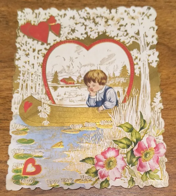 Antique 1920s Whitney Made Embossed Boy Girl Love Die Cut Valentines Day Card