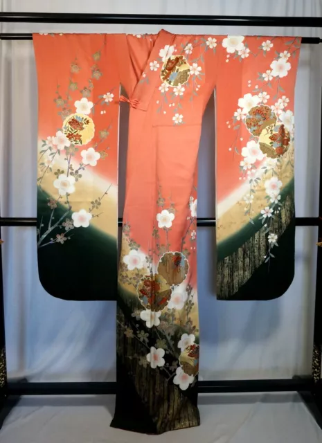 Japanese kimono SILK"FURISODE" long sleeves, Gold/silver, Plum, Black,L5'5".3276