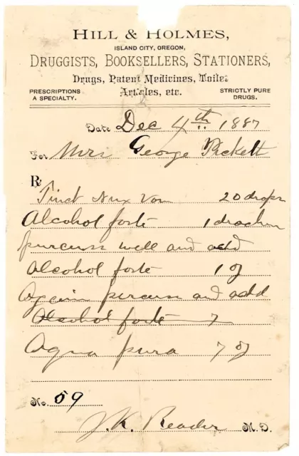 1887 Handwritten Rx Drug Prescription - Island City Oregon Pharmacist