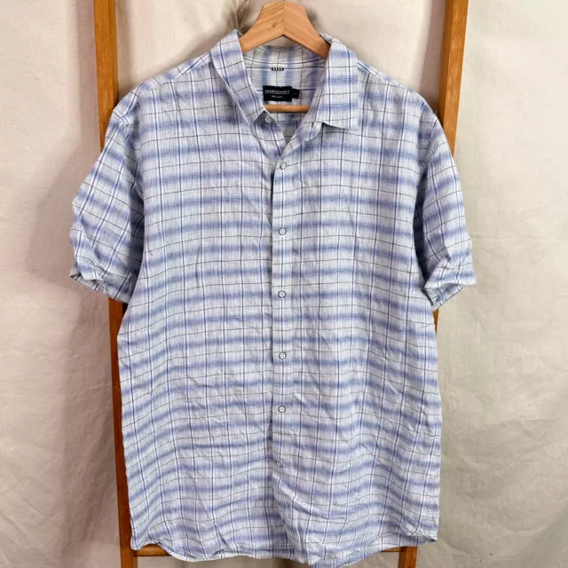 Sportscraft Button Up Shirt Mens Large Blue Checkered Short Sleeve Linen