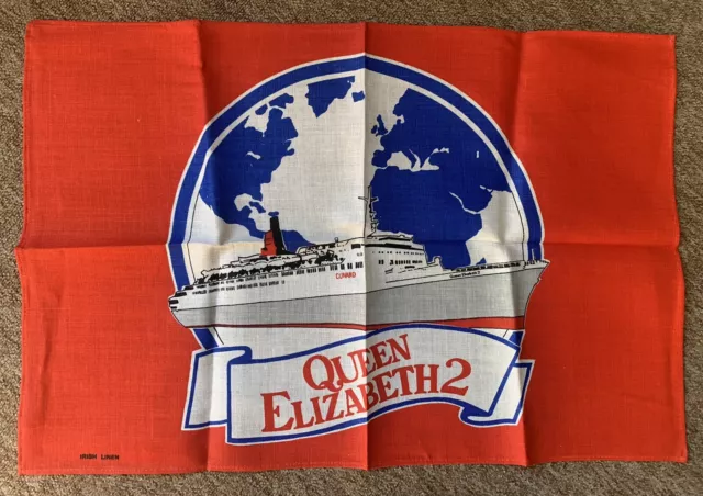 RMS Queen Elizabeth 2 II QE2 Cunard Line Pure Irish Linen Tea Towel