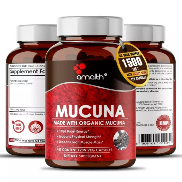 Capsules de poudre de Mucuna Pruriens bio 1500 mg - 120 unités - Énergie,...