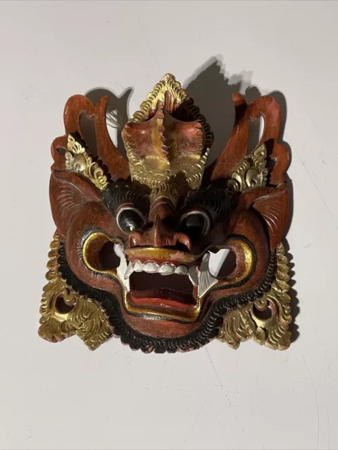 Vintage Demon/Devil Rakshasa Wooden Mask Hand Carved Tribal Asian Gold Painted