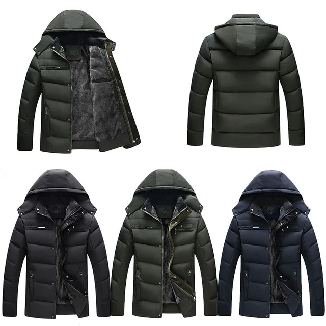 Men's Parka Padded Quilted Fleece Fur Lined Hooded Winter Jacket Heavy Warm Coat