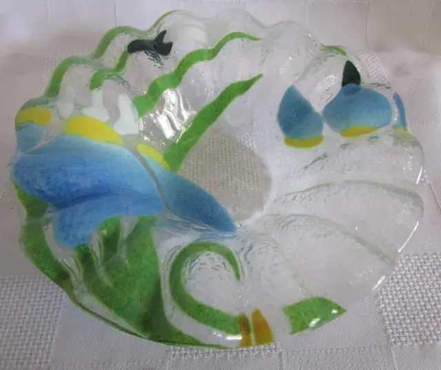 SYDENSTRICKER JAPANESE WATER IRIS Aqua Blue 6 1/2" BOWL Signed Fused Art Glass