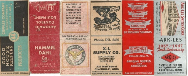 Lot (6) VTG 1940s Matchbook Covers Industry Continental Cincinnati Philadelphia