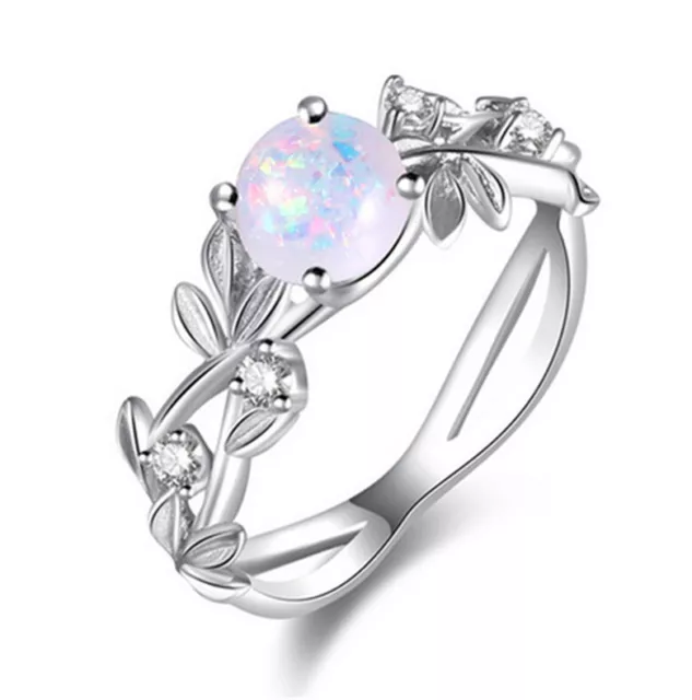 NEW SILVER FLOWER Round Cut White Simulated Opal Ring Engagement ...