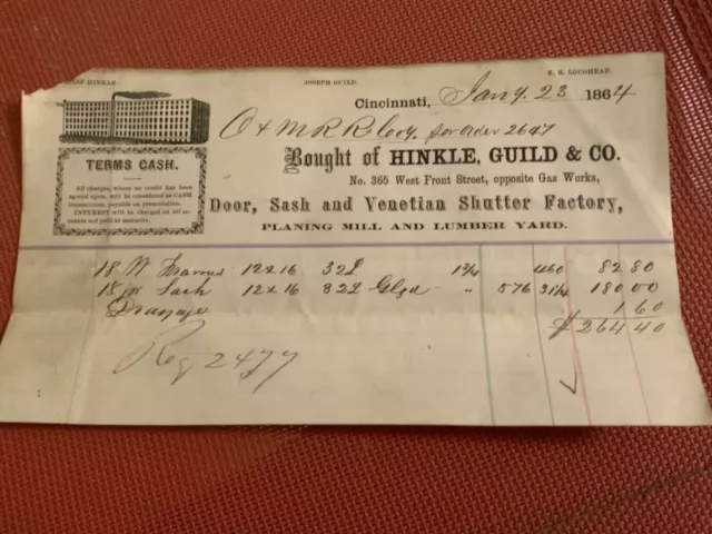 1864 Hinkle Guild &Co Cincinnati OH Billhead-Ohio & Mississippi Rwy  DoorFactory