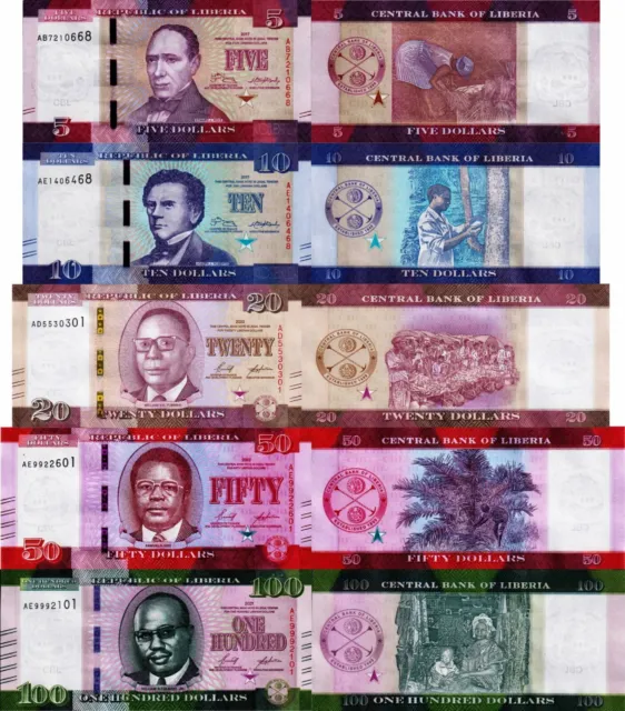 LIBERIA - Lotto 5 banconote 5/10/20/50/100 dollars FDS - UNC