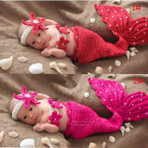 Newborn Baby Girl Boy Crochet Knit Costume Mermaid Set Photography Prop Photo