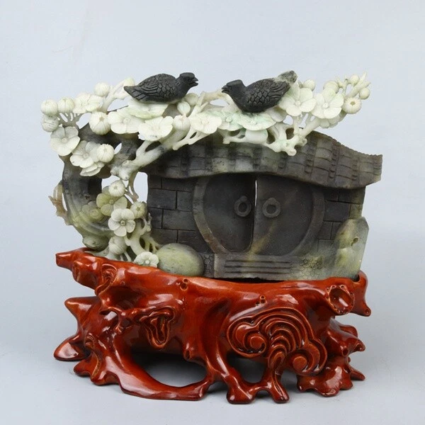 Chinese Exquisite Hand-carved flower bird door carving Dushan Jade statue