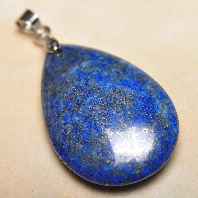 Blue Pyrite Lapis Lazuli Jasper Natural Gemstone 1.5" 18K WG Pendant #P12591