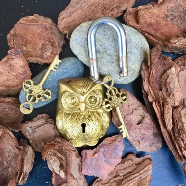 Antique Owl Padlock Solid Brass working love lock skeleton key Rustic Chippy