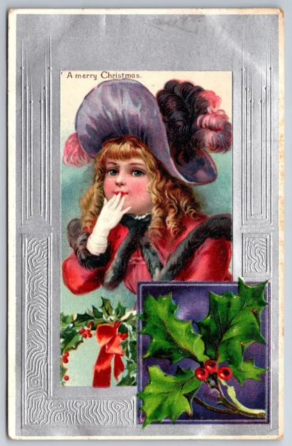 Christmas~Brundage Girl~Purple Bonnet~Red Coat~Holly~Silver Border~Emboss~1907