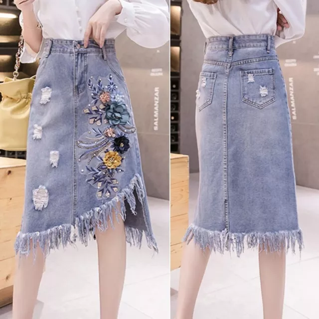 Donna Asimmetrico Jeans Gonne Ricamo Floreale Strappato Nappa Tasca