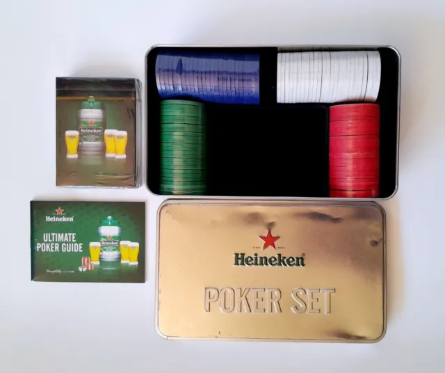 Heineken Poker Set in Metal Box (7 1/2" x 4 1/2") All Pieces New Sealed
