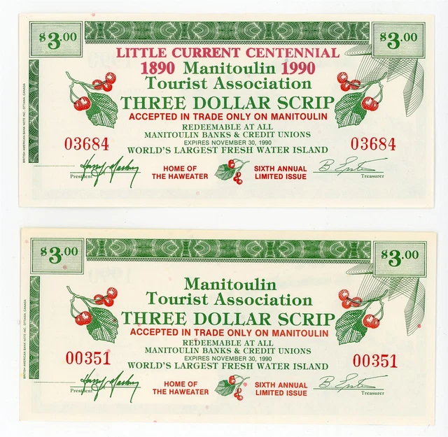 1990 $3 Manitoulin Centennial Scrip 2 Varieties - Canadian Municipal Scrip