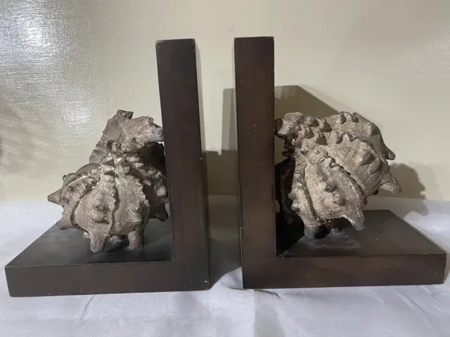 Vintage Pair of Bookends Dark Wood  /  Real Conch Shells