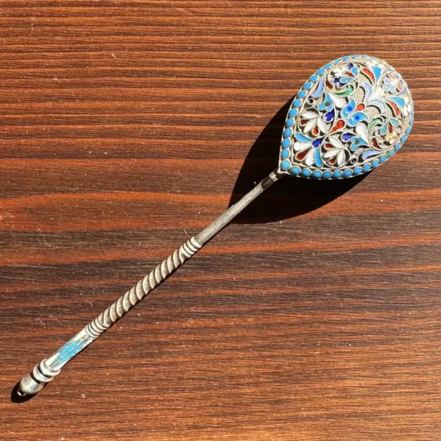 Antique Russian 84 Silver Enamel Imperial Spoon Marked HA Circa 1890