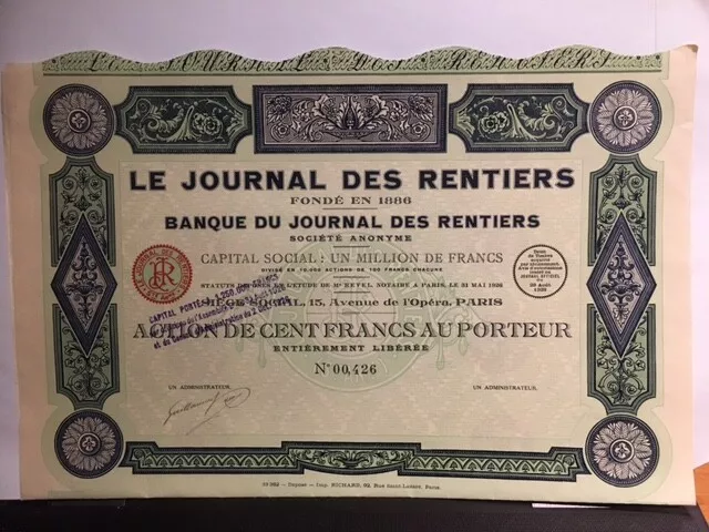 ACTION TITRE BANQUE - LE JOURNAL DES RENTIERS - Paris 1886-1926 - n° 00426 SHARE