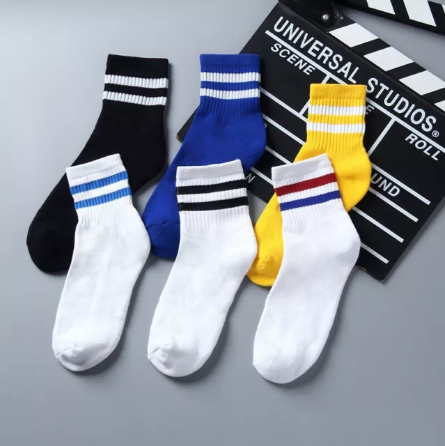 Men Women Striped Mid Calf Sports Cotton Socks Breathable Fitness Badminton