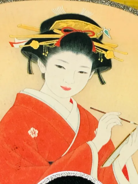 Japanese Uchiwa Hand Fan Sensu Geisha Awa Odori Wood Handle Vtg Display Ornament