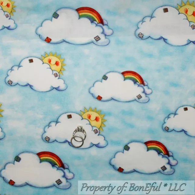 BonEful Fabric FQ Cotton Quilt Blue White Cloud Sun Baby Noahs Ark Rainbow Sale