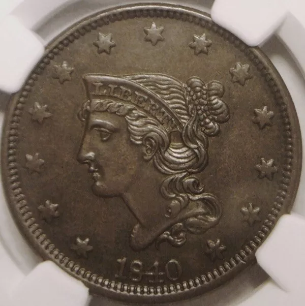 1840 Large Date Braided Hair Large Cent, Flawless, Ngc Graded Au 58 Bn