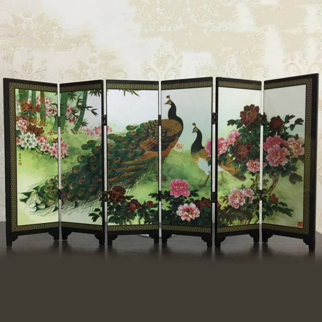 Divisor de habitación de pantalla de pavo real de 6 paneles madera plegable partición decoración regalo nuevo