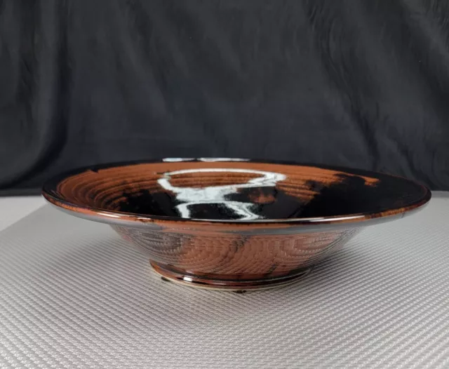 11" Round Stoneware Brown Swril Bowl Signed JM