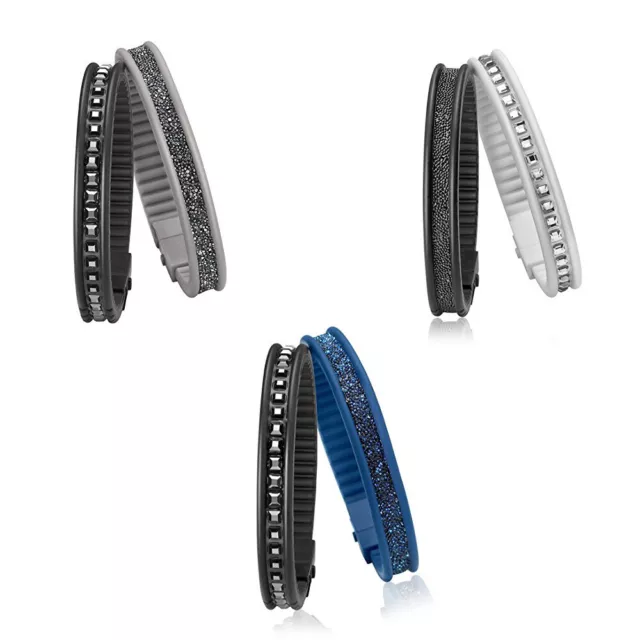 Doppio Bracciale HIP HOP RAIL Silicone Nero Blu Bianco Swarovski Chic Edition