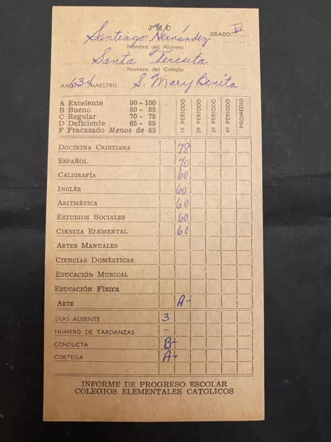 Puerto Rico 1959, PONCE, Reporte Trabajo/Notas Escolar, Escuela SANTA  TERESITA