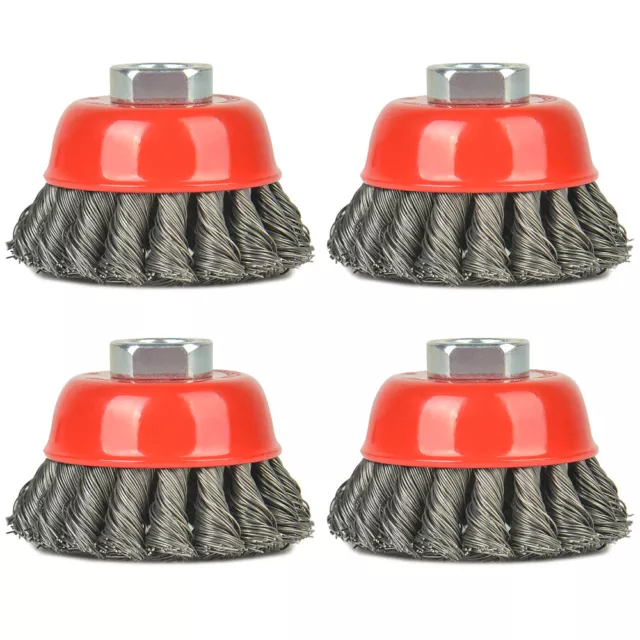 4 pc 3'' Wire Cup Brush-Knotted Cup Brush for Grinders,5/8 inch-11 UNC for drill