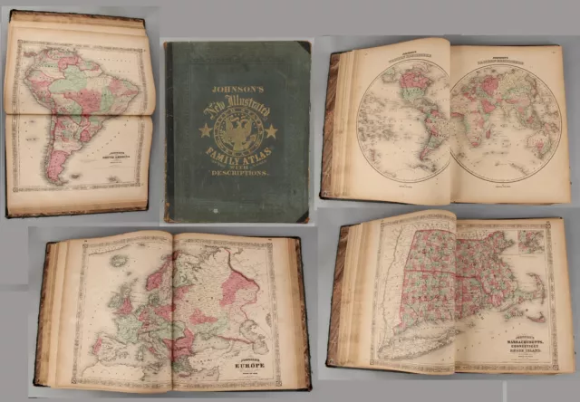 RARE Antique 1866 Johnsons Fold-Out Maps World Family Atlas Large Elephant Folio