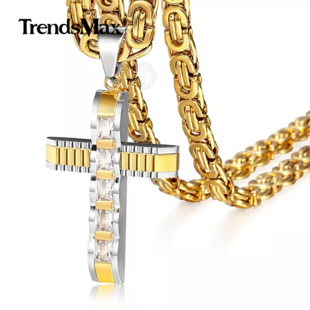 Silver&Gold Plated CZ Cross Pendant Necklace Stainless Steel Byzantine Chain