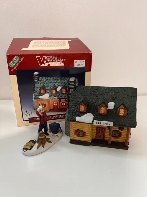 LEMAX LOG CABIN Vail Village Porcelain Lighted House 1993 + LUMBERJACK FIGURINE