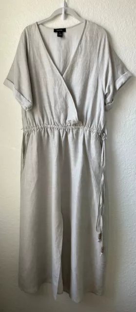 Karen Kane Womens Linen Blend Midi Dress Size XL Beige Minimalist Faux Wrap