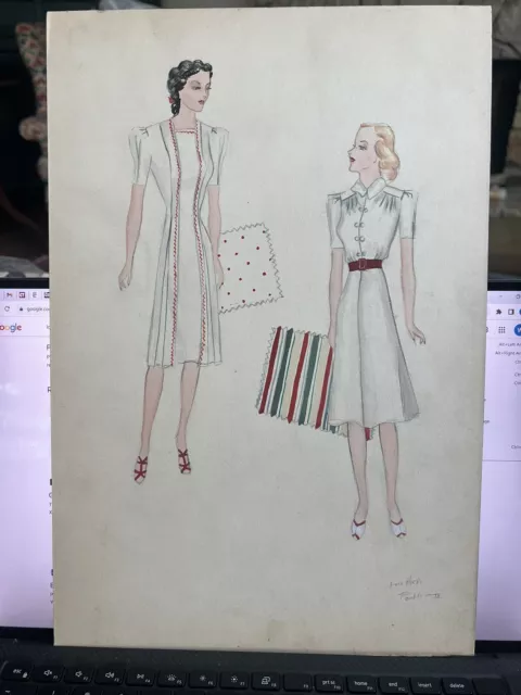 Lois Hicks 1940 Fashion Design of 2 Woman in Casual Dresses