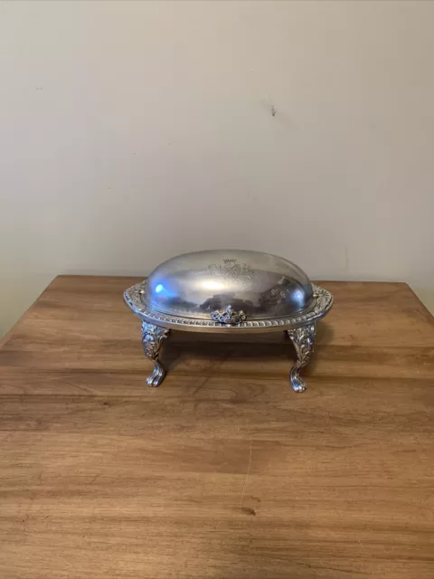 Vtg Antique Silver Roll Top Dome Chafing Caviar Butter Dish butler server