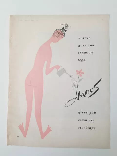 1955 Hanes seamless legs stockings hosiery nude woman watering can Bobri art ad