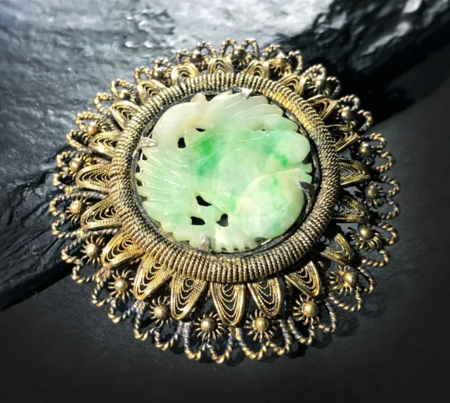 Antique Chinese Export MOSS IN SNOW JADE Filigree Sterling/Gold Brooch/Pendant