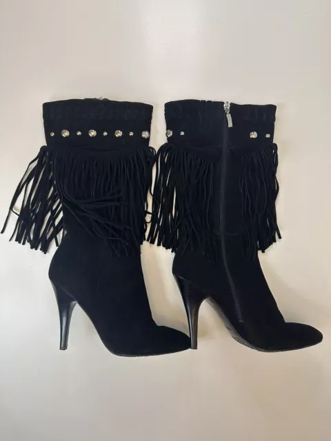 Womens Guess Boots Size 10M Black Suede Fringe Mid Calf Heels Leather Upper