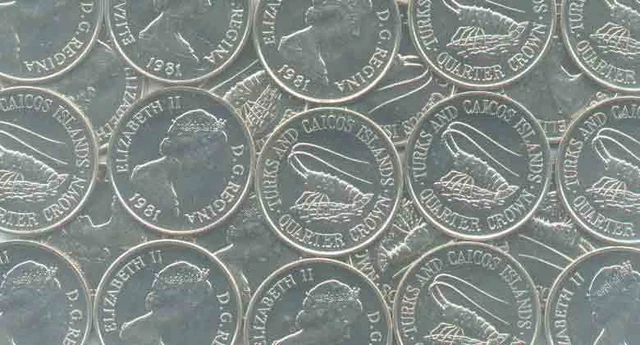 TURKS and CAICOS WHOLESALE 100 UNC (1/4) QUARTER CROWN COINS DATED 1981 KM # 51