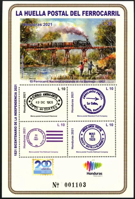Honduras 2021 Eisenbahn Brücke Gemälde Stempel Post Unabhängigkeit Block MNH