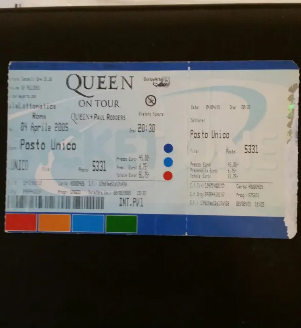 Ticket biglietto concerto Queen + Paul Rodgers Roma 4 Aprile 2005 Da Collezione!