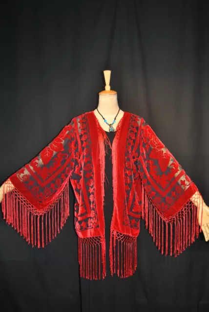 Art to Classic Red Black Burnout Velvet Eastern Fringe Kimono Jacket Duster Coat