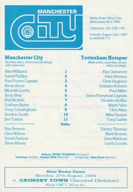 Manchester City v Tottenham Hotspur (Spurs) 16 August 1984 Programme