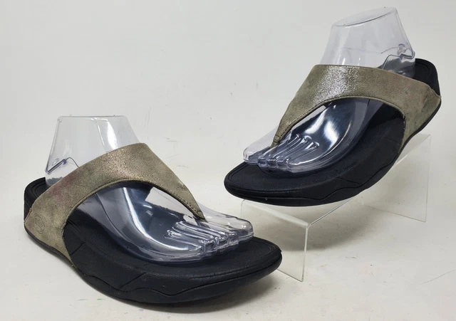FitFlop Lulu Pewter Shimmering Slip On Flip Flop T-Strap Thong Sandal Womens 8