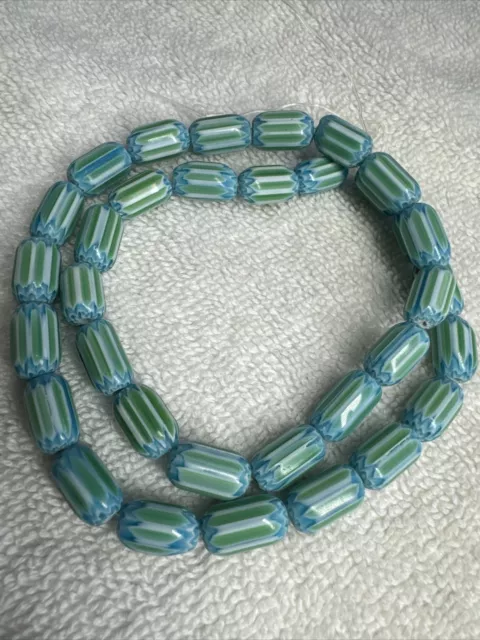 Unique Antique style Chevron Glass Beads 34 Pieces Blue Green White